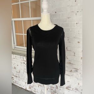 Diana von Furstenberg black wool sweater w/ lacy sleeves and sides